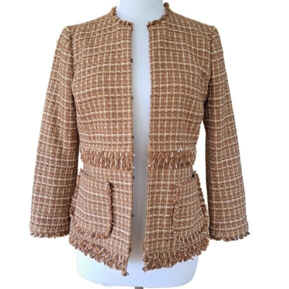 BROOKS BROTHERS Boucle Tweed Fringe Jacket Collarless Blazer Sz 4 Brown Tan Fall - Picture 5 of 10